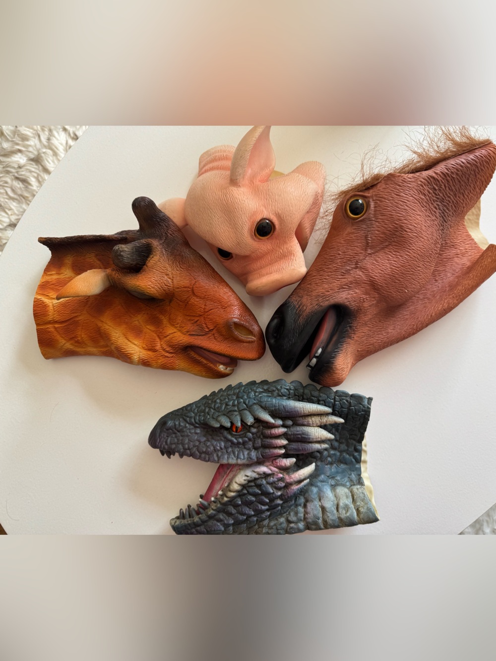 Giraffe, pig, horse & dragon Animal Head Rubber Hand Puppet.